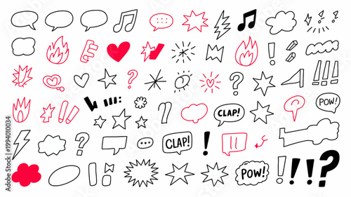 A collection of hand drawn doodle elements including speech bubbles musical notes stars and various energetic symbols in red and black high quality professional detailed modern