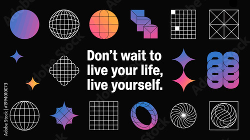 A vibrant abstract composition featuring geometric shapes and motivational text against a dark background promoting self discovery high quality professional detailed modern elegant stylish clean crisp