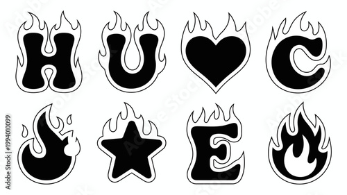 A collection of black and white graphic designs featuring letters and shapes enveloped in stylized flame motifs high quality professional detailed modern elegant stylish clean crisp