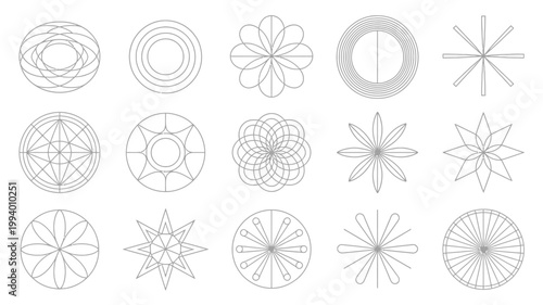 An arrangement of fifteen geometric line drawings featuring circular and star like patterns in black and white high quality professional detailed modern elegant stylish clean crisp