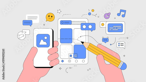 A hand holds a smartphone displaying a social media interface with a pencil illustrating digital content creation and editing high quality professional detailed modern elegant stylish