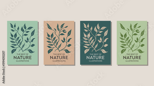 Four rectangular cards display botanical illustrations of leafy branches each with a different color palette and the best of nature text high quality professional detailed modern