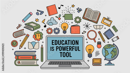 An illustrative depiction of education featuring books technology and symbols of learning arranged around a central laptop high quality professional detailed modern elegant stylish clean crisp