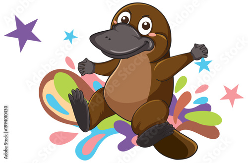 Cheerful Cartoon Platypus Jumping with Colorful Splash
