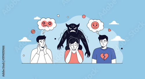 Diverse group of young people struggling with stress, sadness, and negative thoughts represented by a dark shadow monster.