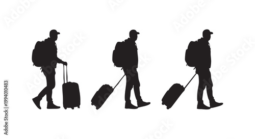 Silhouette of traveler carrying backpack and pulling suitcase on wheels walking isolated.