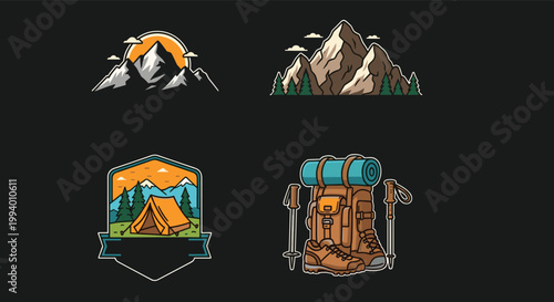 Set of adventure and camping emblems featuring mountains, forest, tent, hiking boots, and outdoor gear for explorers.