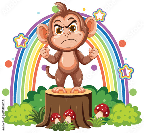 Angry Cartoon Monkey Standing on Tree Stump with Rainbow