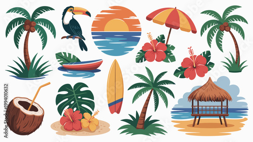 A vibrant collection of tropical elements including a toucan palm trees beach accessories and a striking sunset backdrop high quality professional detailed modern elegant stylish clean