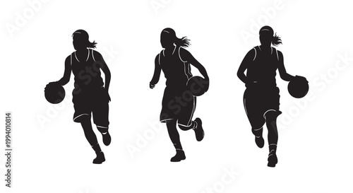 Silhouette women basketball players in motion dribbling and running isolated on white background illustration.