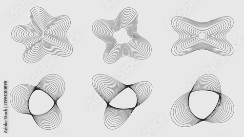 An abstract composition featuring six unique swirling shapes created from numerous parallel black lines on a light gray background high quality professional detailed modern elegant stylish