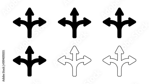 This image displays six variations of a three way arrow symbol showcasing different styles and levels of fill opacity high quality professional detailed modern elegant stylish