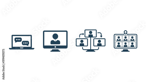 A sequence of dark blue icons depicts the progression of virtual meetings starting with messaging and culminating in large group video conferences high quality professional detailed