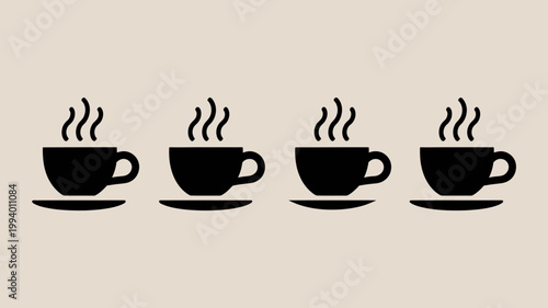 A minimalist illustration features four identical black cups of steaming hot beverages arranged in a neat horizontal row on a beige background high quality professional detailed