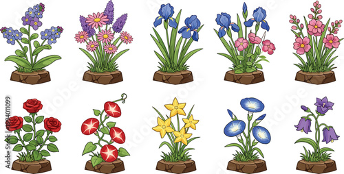 Garden Flowers Collection with Roses Iris Daffodils and Blooming Plants Cartoon Botanical Vector Illustration Set