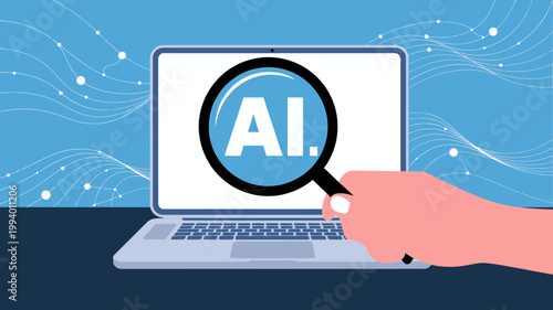 An illustration depicts a hand pointing at a laptop screen displaying a magnifying glass over the letters ai representing artificial intelligence high quality professional detailed modern