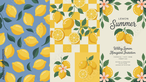 A vibrant triptych showcases cheerful lemon illustrations with botanical accents perfect for summer designs and citrus themed artwork high quality professional detailed modern elegant stylish clean
