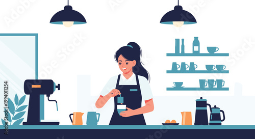 Friendly female barista wearing an apron making a cup of coffee behind the counter in a modern cafe setting.