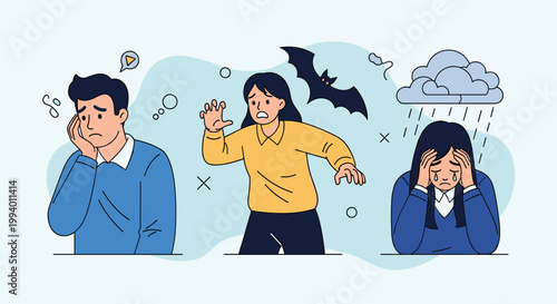 Diverse group of people depicting various emotional states including anxiety, fear, and sadness with symbolic icons.
