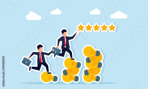 Businessmen competing to climb a ladder of stacked light bulbs to reach star ratings illustration of improving business quality through relevant ideas and innovation