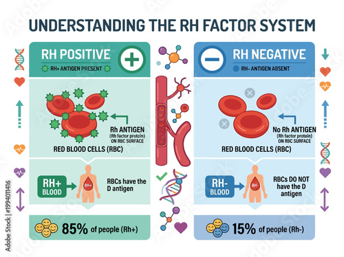 Detailed Educational Infographic Explaining the Human Rh Factor Blood System, Differentiating Rh Positive and Negative Blood Types