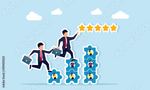 Businessmen competing to climb a ladder of stacked puzzle pieces with people icons to reach star ratings illustration of improving teamwork to enhance business quality