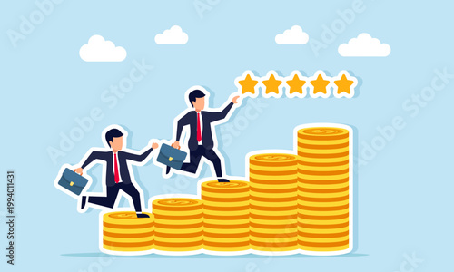 Businessmen competing to climb a ladder of stacked dollar coins to reach star ratings illustration of increasing investment to improve business quality