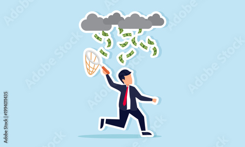 Businessman using a net to catch falling money from clouds illustration of taking profit during an economic crisis
