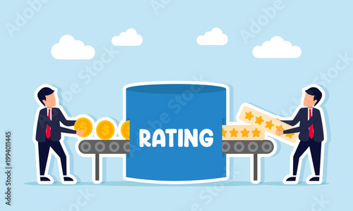 Businessman inserting a dollar coin into a rating machine and another businessman taking a star rating board illustration of maintaining business rating quality from investment