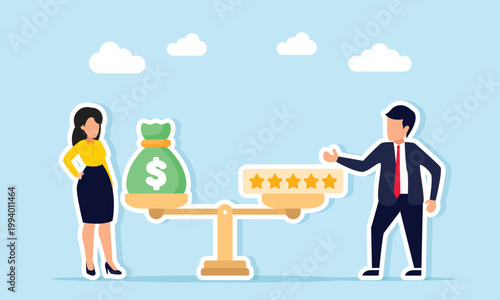 Businessman and businesswoman standing near a balance scale with money bags and star rating board illustration of stability between business quality and financial management
