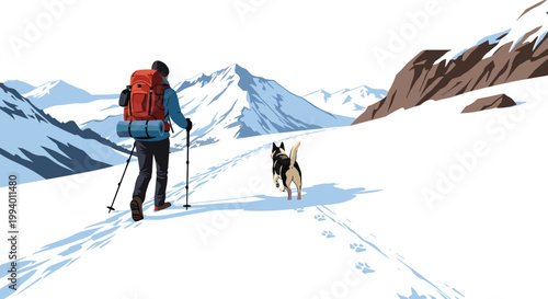 Adventurous hiker with a large red backpack walking with a dog across a snowy mountain trail during the winter season.