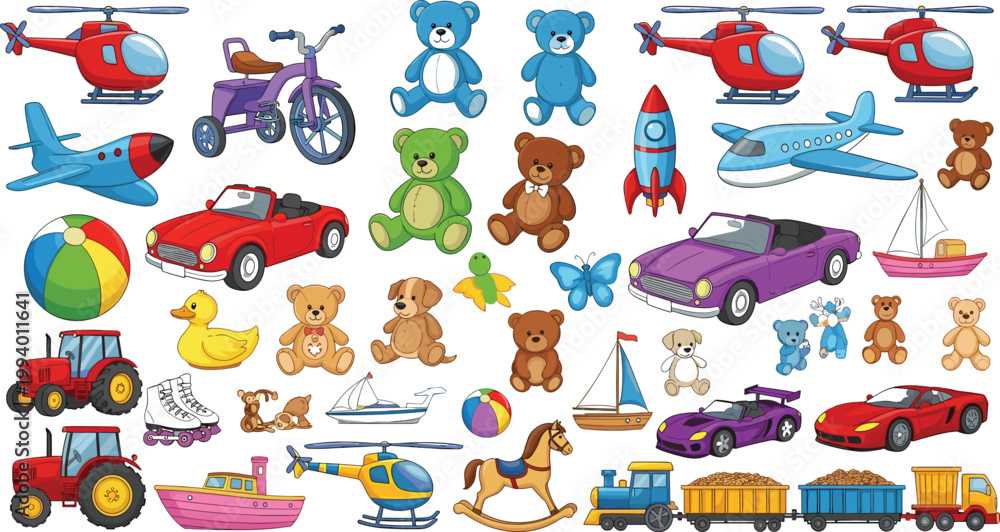 Obraz premium Kids Toys Mega Collection with Cars Helicopters Airplanes Teddy Bears Trains and Playground Items Cartoon Vector Illustration Set