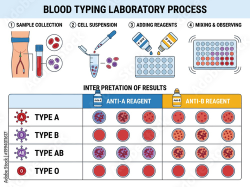 Detailed Infographic Explaining the Human Blood Typing Laboratory Process and Agglutination Results Interpretation