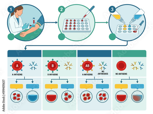 Modern infographic illustrating the step-by-step process of human blood type determination in a medical laboratory setting