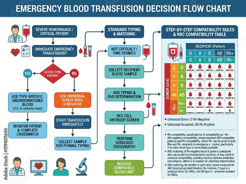 Emergency Blood Transfusion Guide: Medical Infographic Flow Chart for Blood Type Compatibility and Critical Healthcare