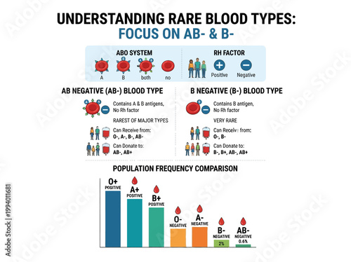 Modern flat 2D vector infographic illustrating human rare blood types, ABO system, Rh factor, and population frequency comparison.