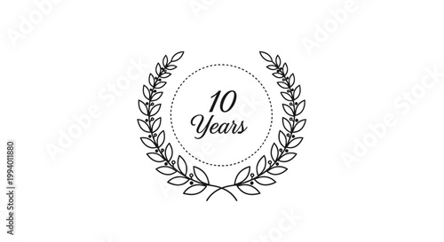 A minimalist black and white graphic featuring a laurel wreath encircling the text '10 Years' within a dotted circle, symbolizing an anniversary or milestone.