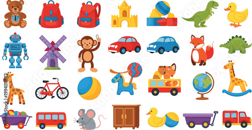 Kids Toys and Objects Collection with Teddy Bear Robot Cars Animals and Playground Items Cartoon Vector Illustration Set