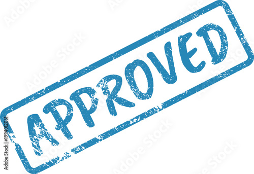 Foto Grungy blue APPROVED stamp mark on a clean white paper background