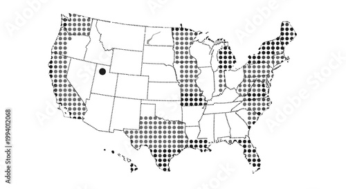Map of the United States showing states with a specific characteristic indicated by a checkered pattern, with a notable black dot marking a specific location.