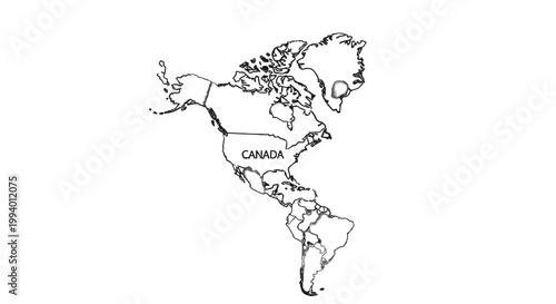 Outline map of North and South America, highlighting Canada, with detailed coastlines and country borders.