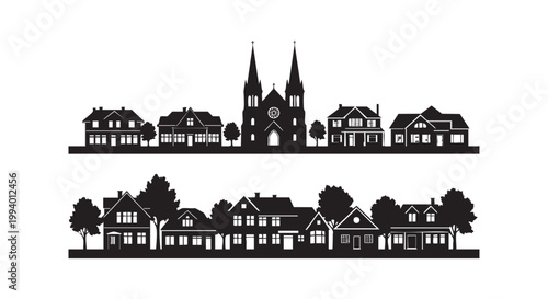 Silhouettes of houses and church buildings in a row creating a picturesque town or village vector illustration.