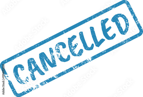 Grungy blue rectangular stamp with CANCELLED text mark on clean white surface