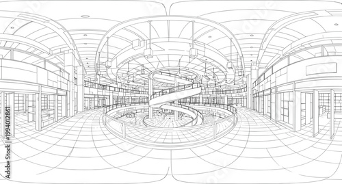 Panoramic Interior Line Art with Spiral Staircase Modern Mall Architecture 360 Degree Perspective Vector Illustration