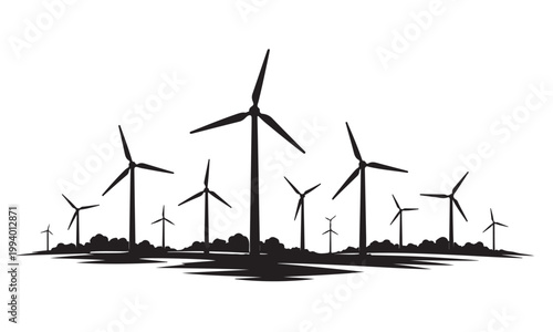 Wind Farm Silhouette, Silhouette Vector, Isolated on White Background