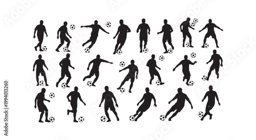 Silhouettes of soccer players in action with footballs, dynamic poses for sports and recreation theme.