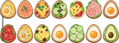 Assorted avocado toast toppings set isolated on white background healthy breakfast