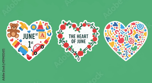 Colorful Heart-Shaped Stickers with June 1st and Decorative Elements.