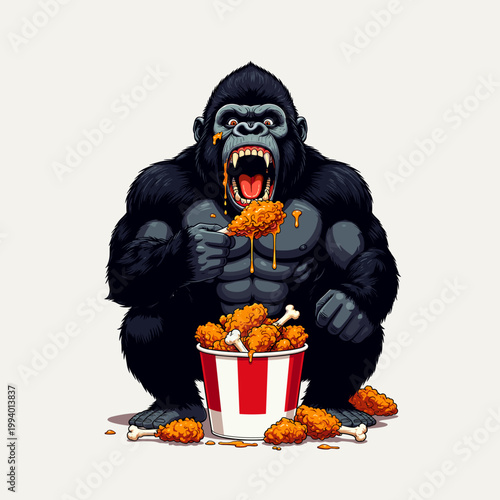 Vector illustration of a muscular gorilla eating fried chicken, aggressive expression, bold lines, high contrast, detailed shading, clean background, streetwear style.
