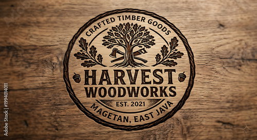 A detailed circular woodworker logo featuring a tree and tools is professionally branded onto a rustic brown timber surface with visible natural grain.